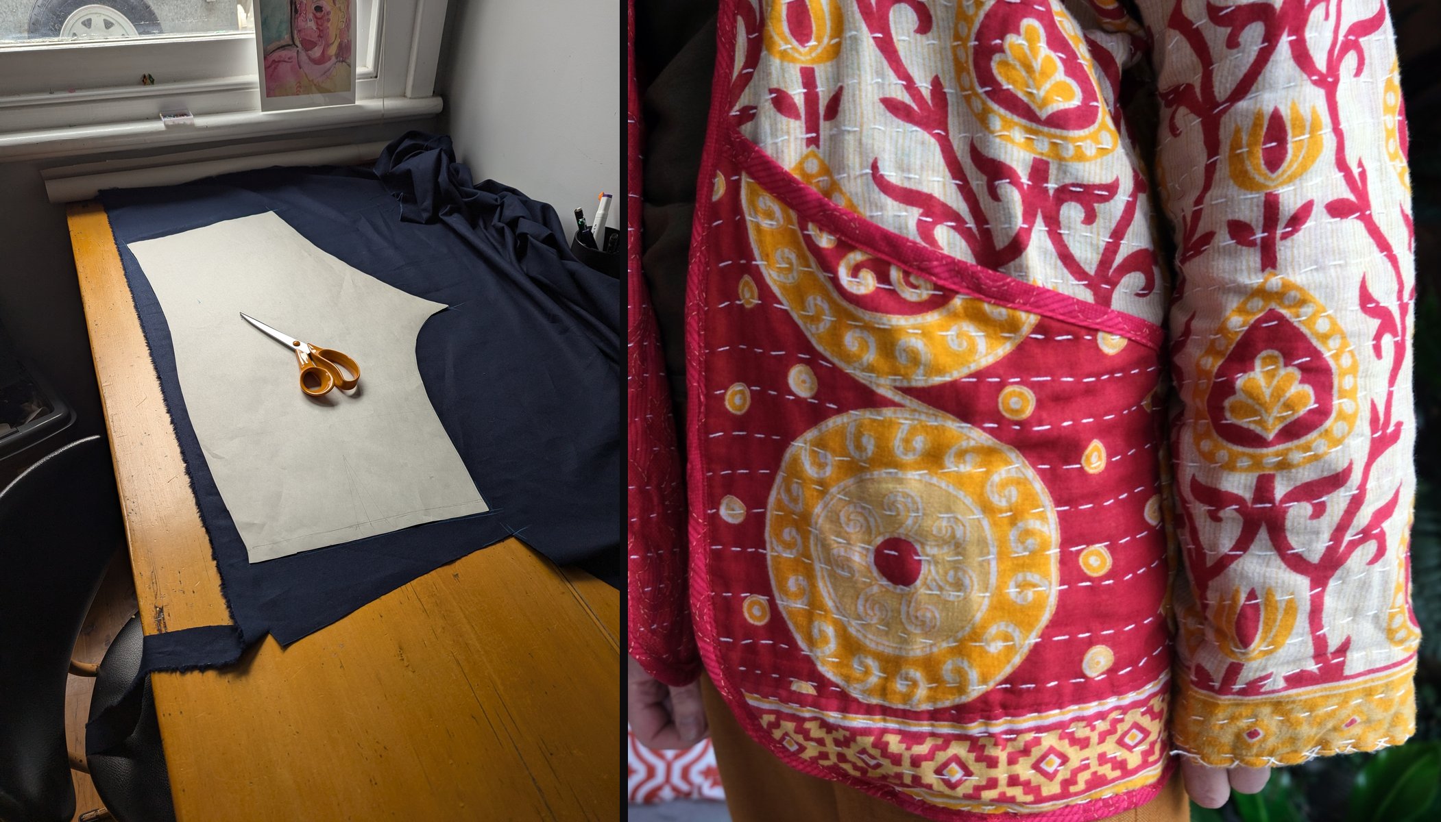 A paper pattern piece pinned on navy fabric on a cutting table, and a finished hand-quilted jacket in red and gold kantha cloth.