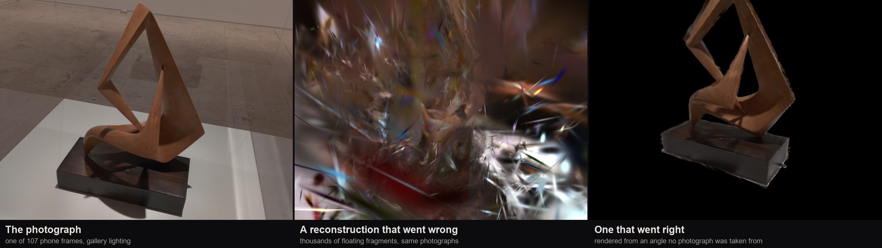 A wooden abstract sculpture: the gallery photograph, a reconstruction that dissolved into thousands of floating fragments, and a clean reconstruction rendered from a new angle.